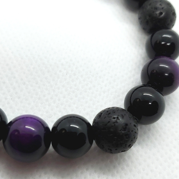 Bracelet Triple Protection Healing Stones Obsidian, Purple Tiger Eye, Lava - Picture 6 of 14